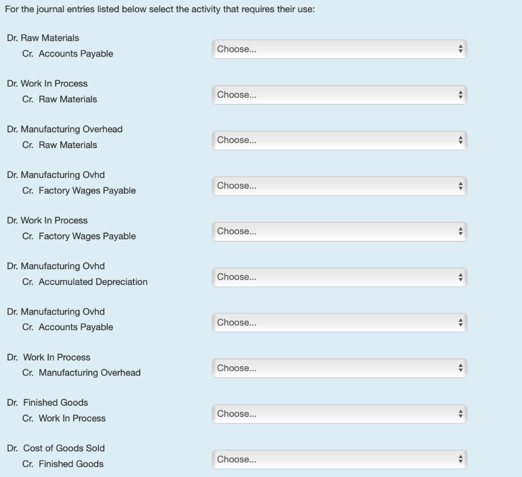  For the journal entries listed below select the activity that requires