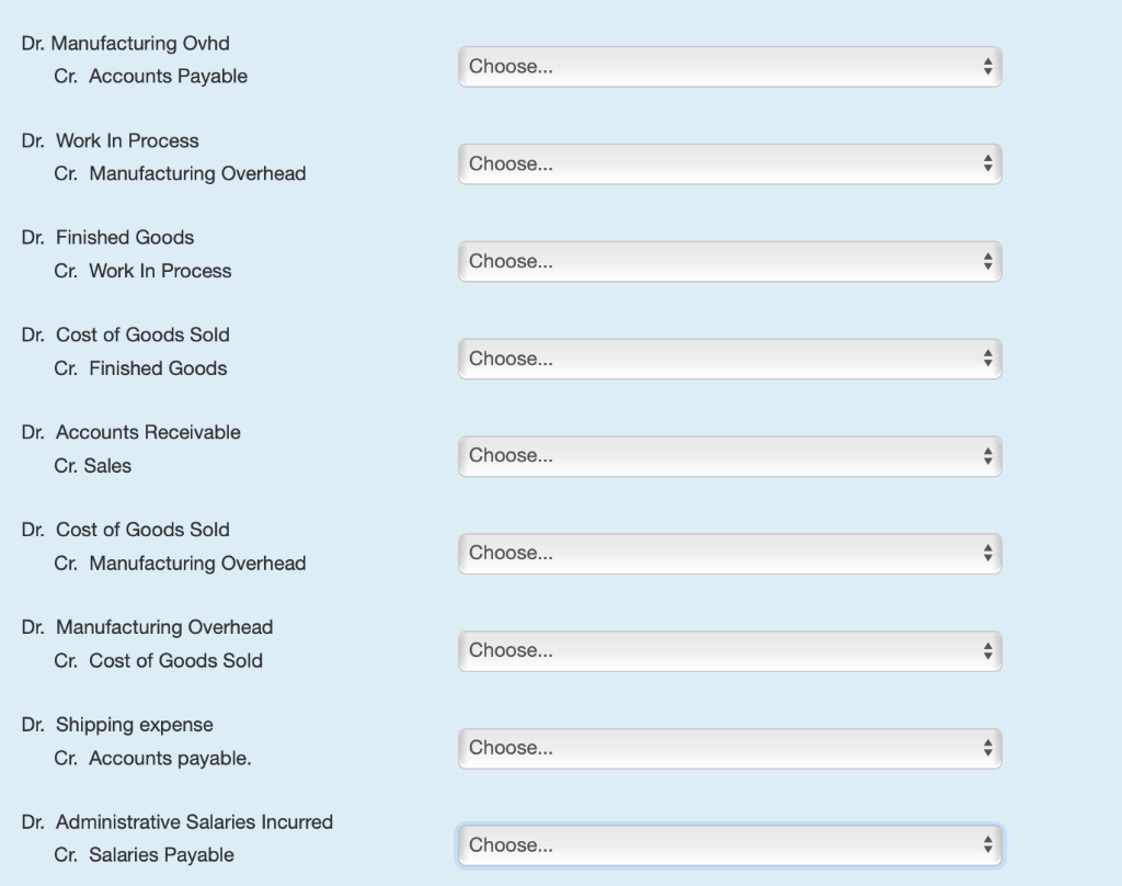 their use Dr. Raw Materials Choose. Cr. Accounts Payable Dr. Work In