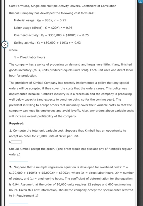  Cost Formulas, Single and Multiple Activity Drivers, Coefficient of Correlation Kimball