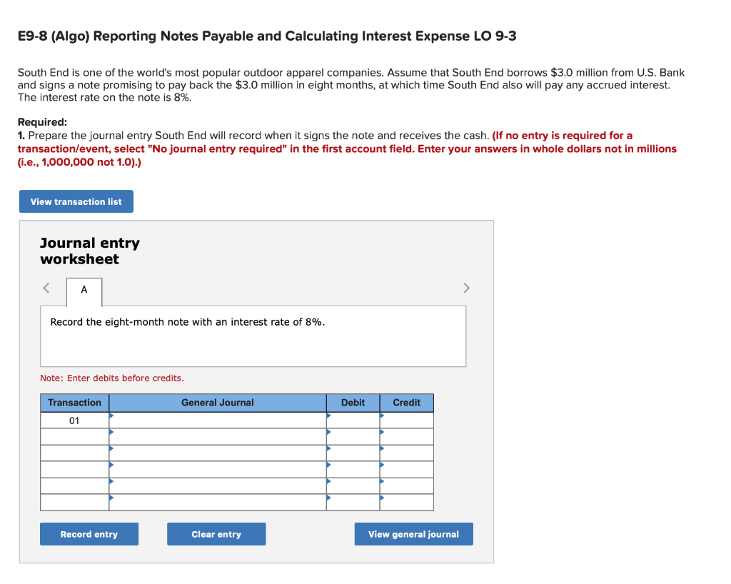  E9-8 (Algo) Reporting Notes Payable and Calculating Interest Expense LO 9-3
