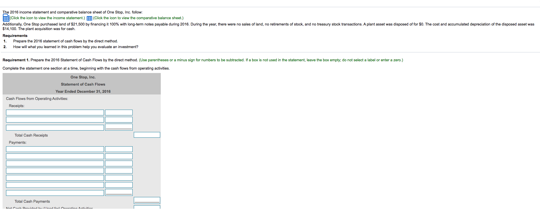  DIRECT METHOD The 2016 income statement and comparative balance sheet of