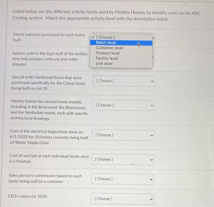  Listed below are the different activity levels used by Mobley Homes,