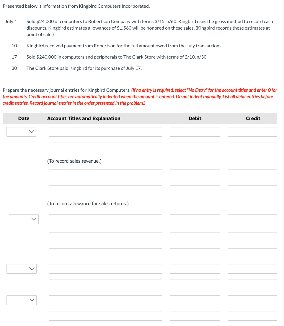 Presented below is information from Kingbird Computers Incorporated. July 1 Sold