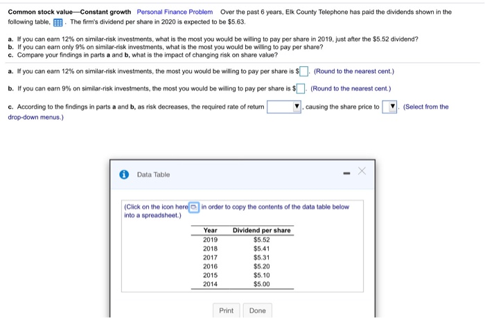 can you please do it step by step Common stock value-Constant growth