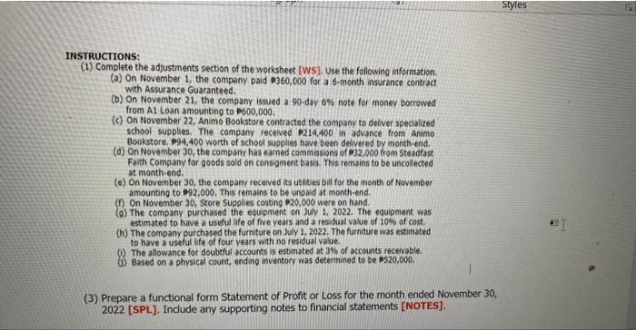 worksheet [WS]. Use the following information. (a) On November 1 , the