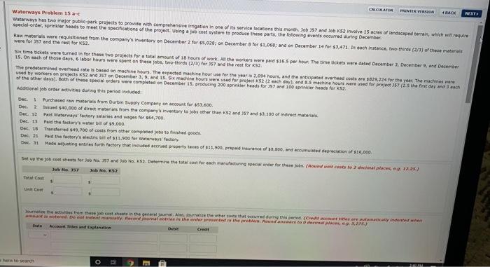  CALCULATOR PRINTER WON RACK NEXT Waterways Problem 15 aC Waterways has