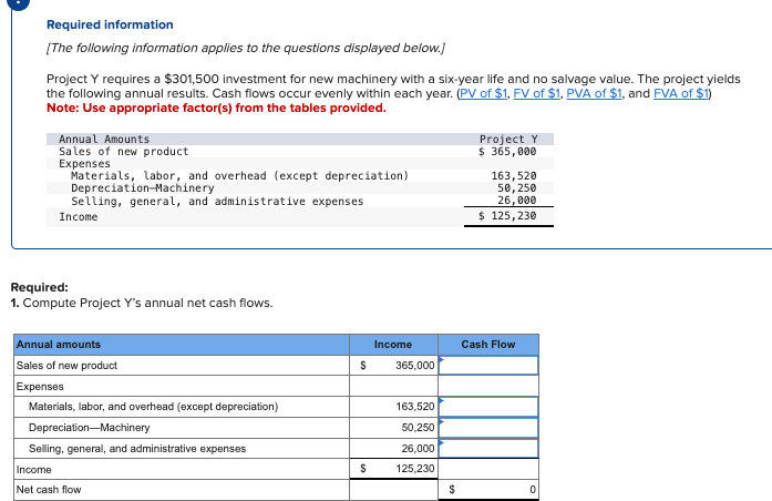  Required information Determine Project Y's payback period. Compute Project Y's accounting
