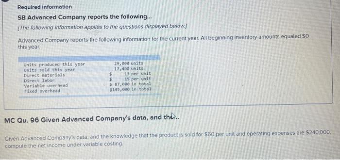 finished goods under absorption costing. Required information SB Advanced Company reports the