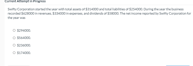  Current Attempt in Progress Swifty Corporation started the year with total