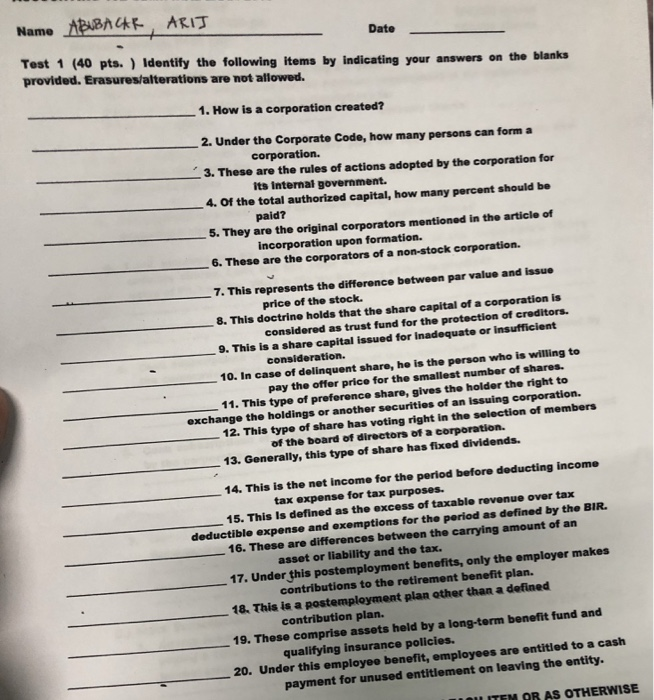  Name Date Test 1 (40 pts.) Identify the following items by