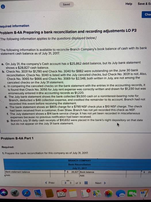  Saved Help Save & E Che lequired information Problem 8-4A Preparing