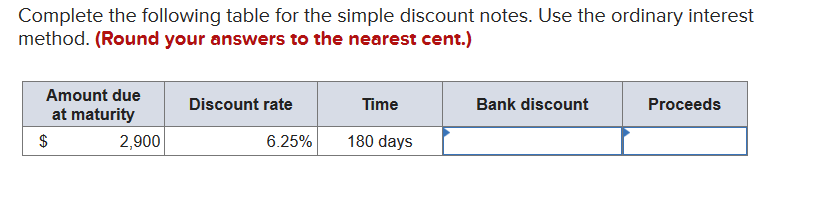  Complete the following table for the simple discount notes. Use the