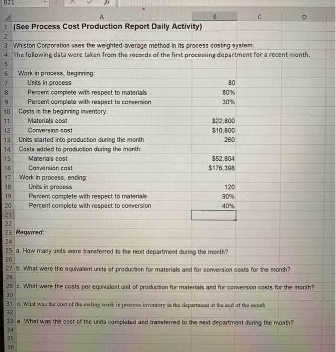  B21 A D 13 16 B C 1 (See Process Cost