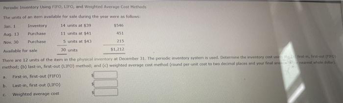  Podic Inventory Using Co, and weighted Average Cost Methods The units