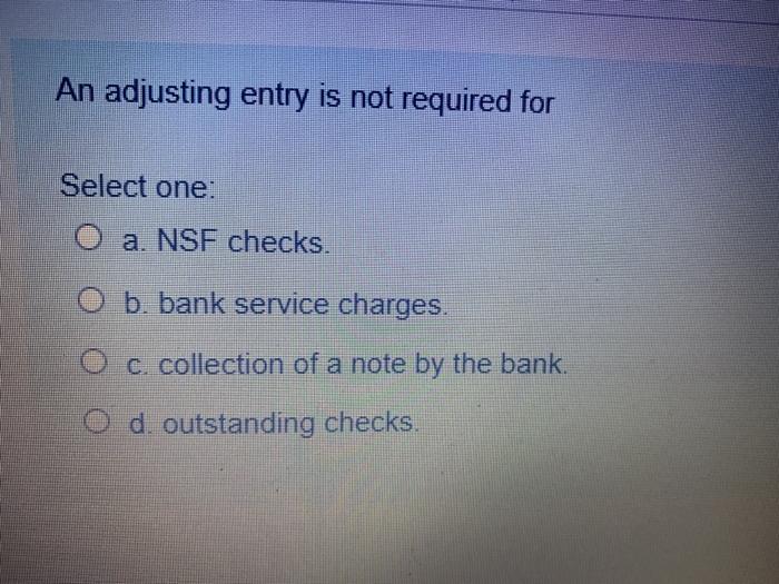  An adjusting entry is not required for Select one: a. NSF