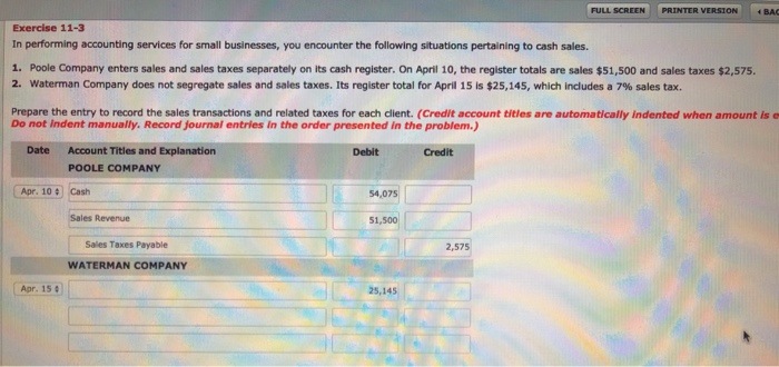  FULL SCREEN PRINTER VERSION BAG Exercise 11-3 In performing accounting services