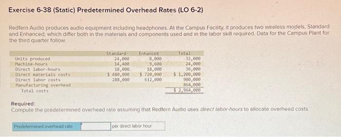  Exercise 6-38 (Static) Predetermined Overhead Rates (LO 6-2) Redfern Audio produces