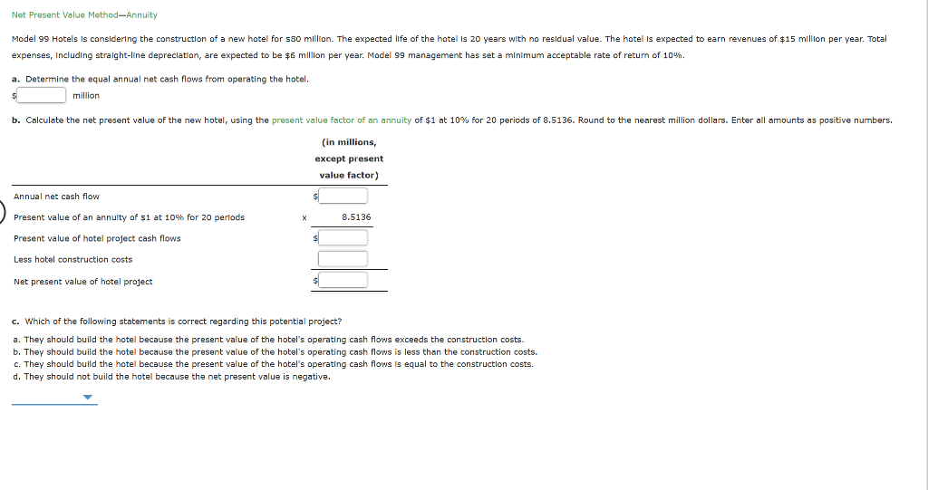  Net Present Value Method-Annuity Model 99 Hotels is conslderlng the construction