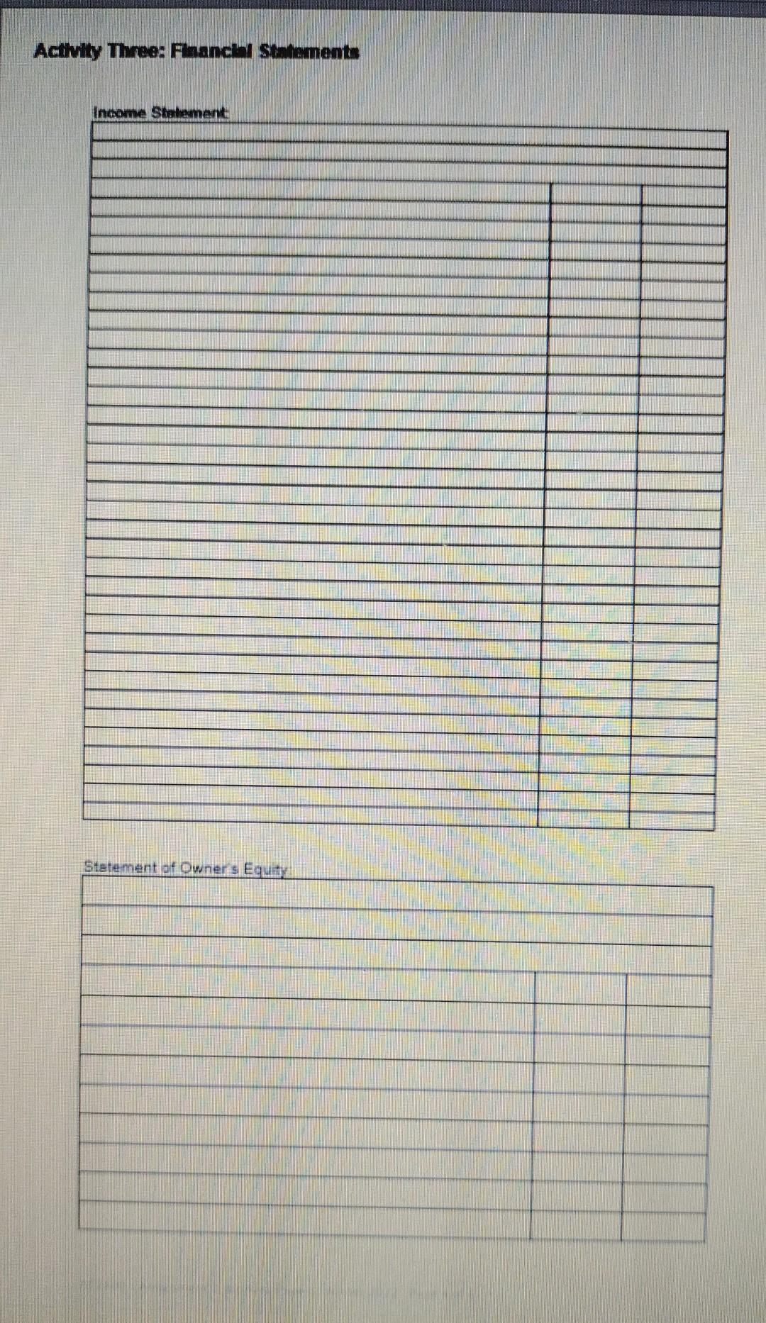 Three: Financial Statements Based on the partial worksheet, prepare the following financial