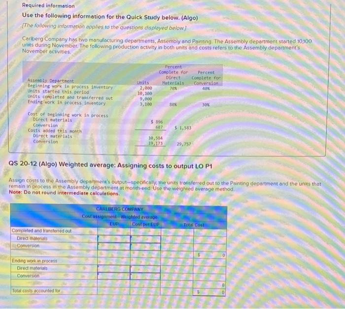  Required informetion Use the following information for the Quick Study below.