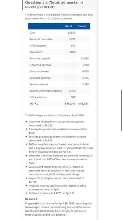  Question 2.4 (Total: 20 marks; -2 marks per error) The following