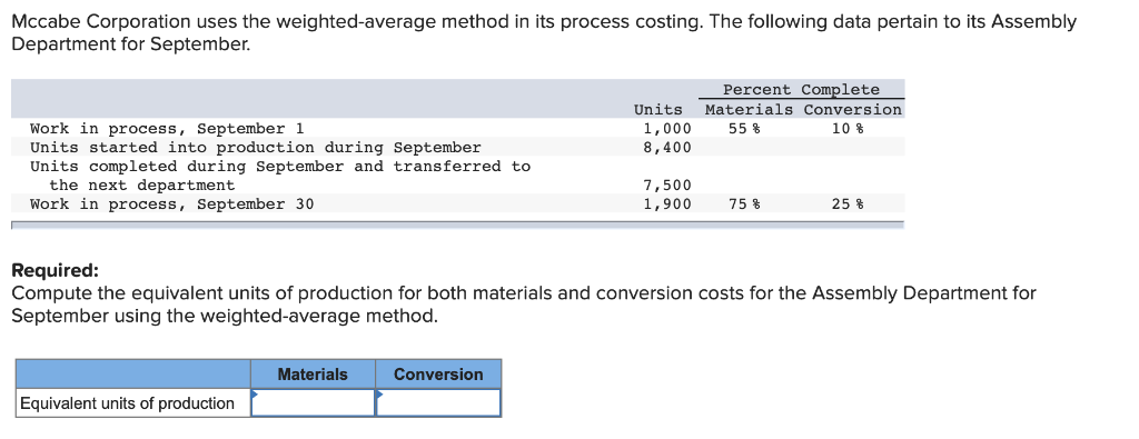  Mccabe Corporation uses the weighted-average method in its process costing. The