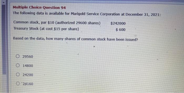  Multiple Choice Question 94 The following data is available for Marigold