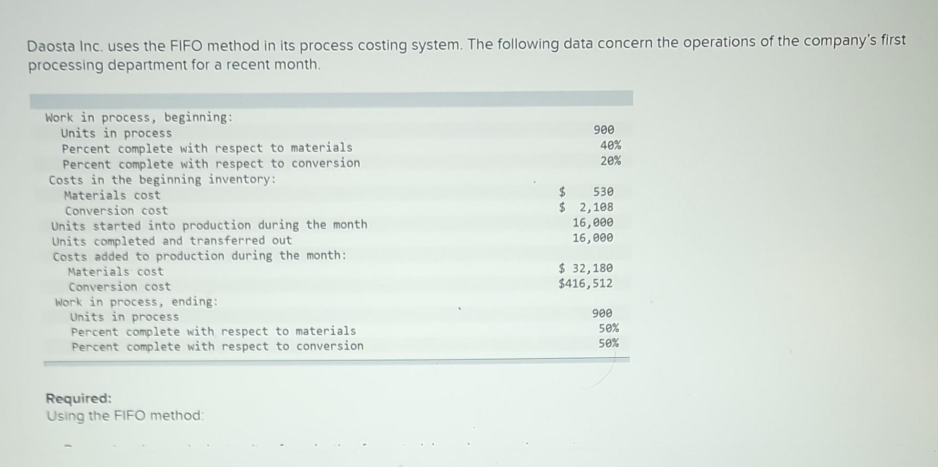  Daosta Inc. uses the FIFO method in its process costing system.
