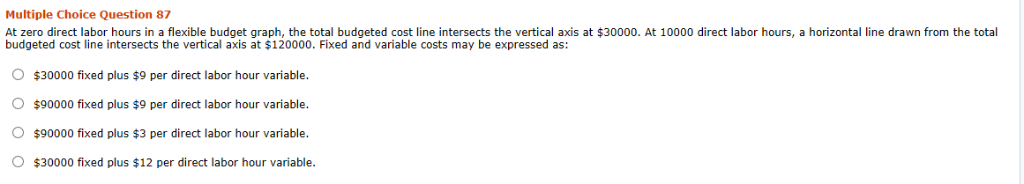  Multiple Choice Question 87 At zero direct labor hours in a