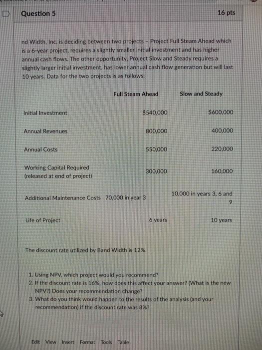  D Question 5 16 pts nd Width, Inc. is deciding between
