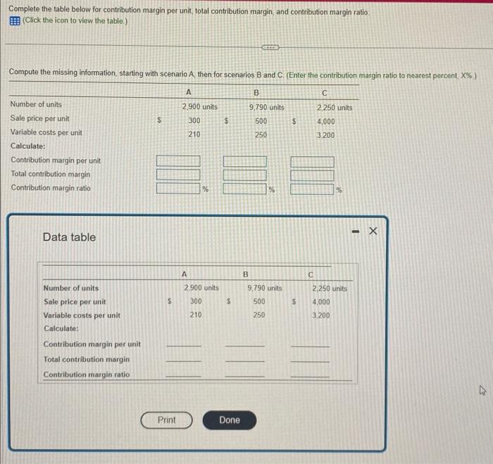  Complete the table below for contribution margin per unit, total contribution