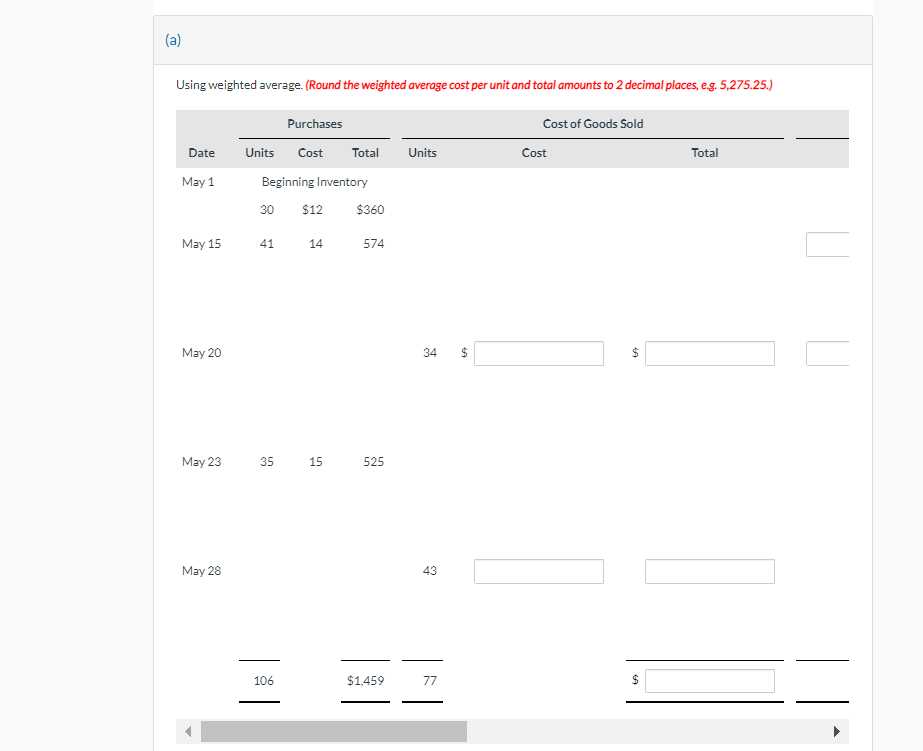 FILL IN THE MISSING AMOUNTS FOR ITEMS IN THE FOLLOWING PERPETUAL INVENTORY