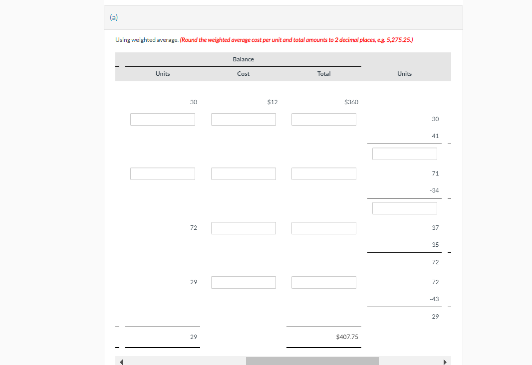 RECORDS: (a) Using weighted average. (Round the weighted average cost per unit