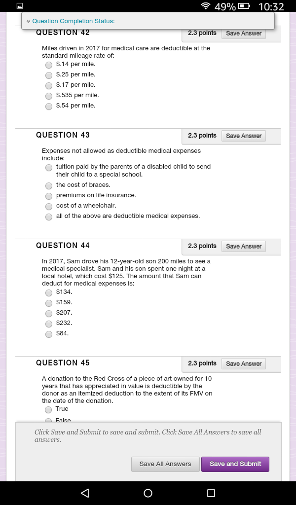  49% 10:32 Question Completion Status: UESTION Save er Miles driven in