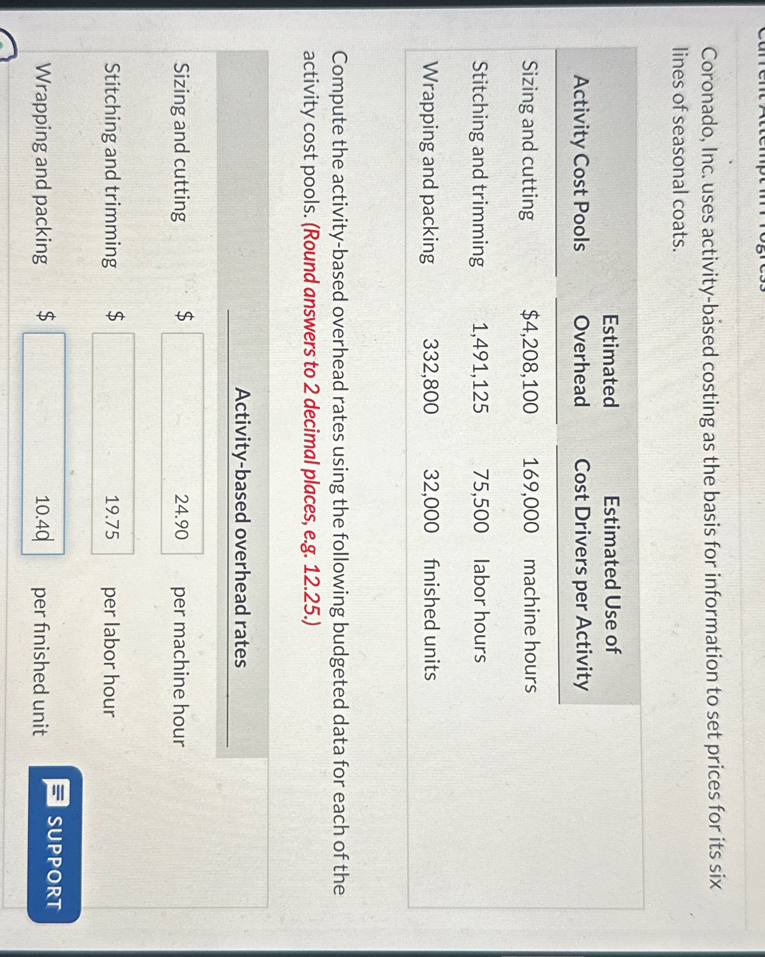  Coronado, Inc. uses activity-based costing as the basis for information to