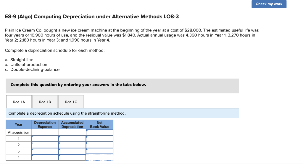 E8-9 (Algo) Computing Depreciation under Alternative Methods LO8-3 Plain Ice Cream
