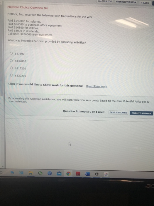  CALCULATOR PRINTER VERSION 4 BACK Multiple Choice Question 94 Metlock, Inc.