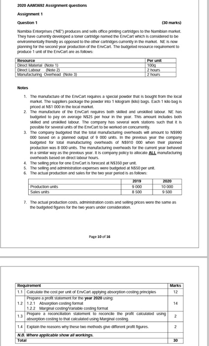  2020 AAM3692 Assignment questions Assignment 1 Question 1 (30 marks) Namibia