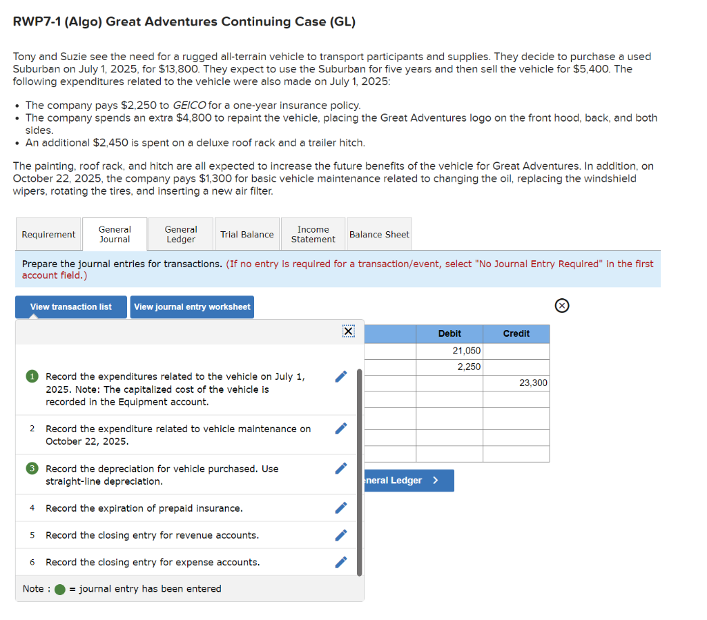 Please answer all 6 transactions. RWP7-1 (Algo) Great Adventures Continuing Case (GL)