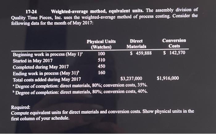 equivalent units. The assembly division of Quality Time Pieces, Inc. uses the