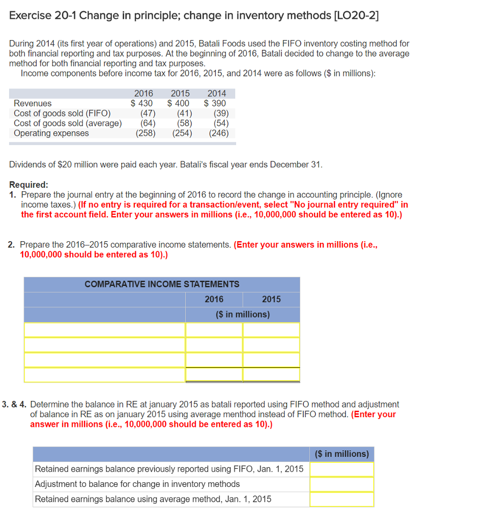 Exercise 20-1 Change in principle; change in inventory methods [LO20-2] During 2014