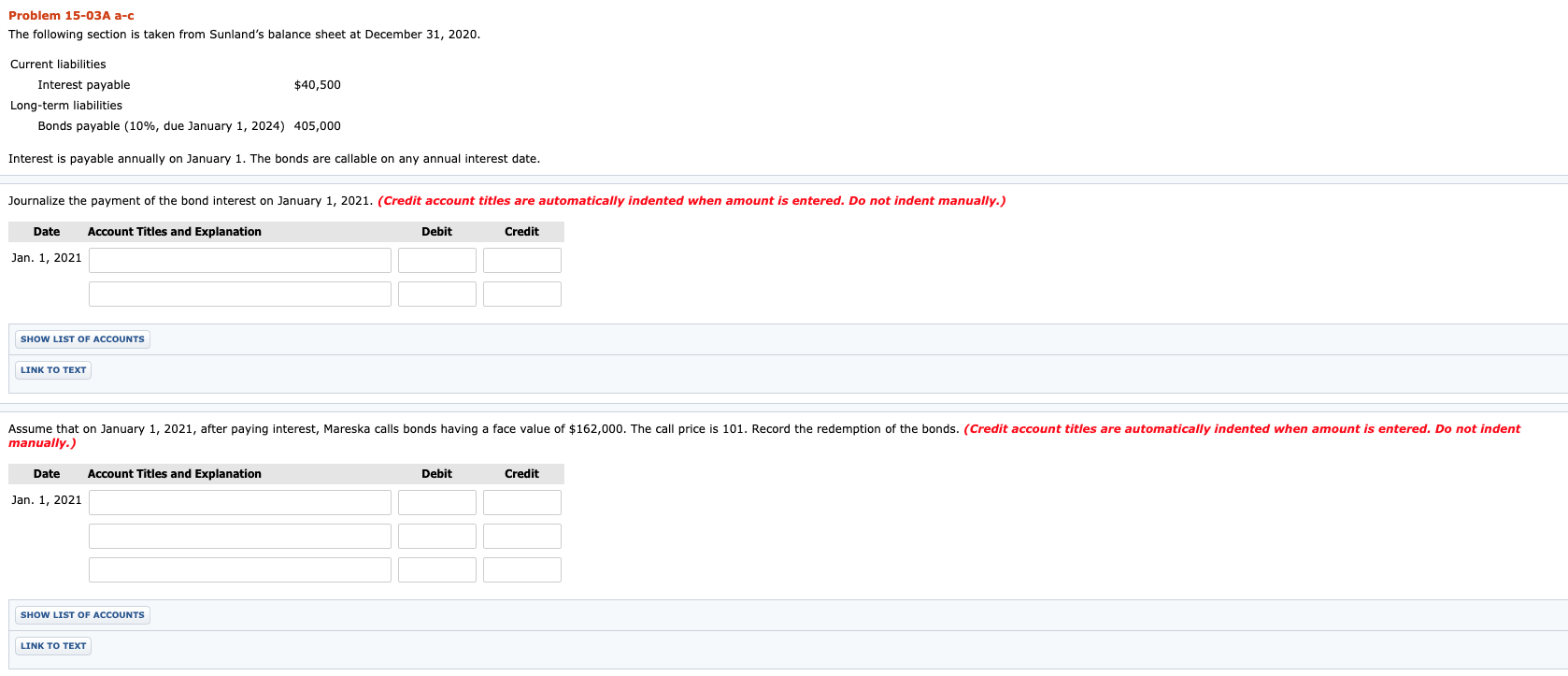Problem 15-03A a-c The following section is taken from Sunland's balance