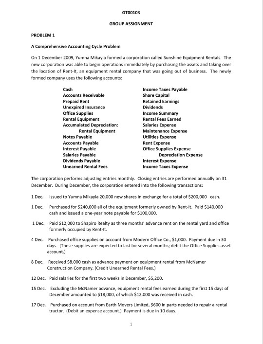 GTO0103 GROUP ASSIGNMENT PROBLEM 1 A Comprehensive Accounting Cycle Problem On