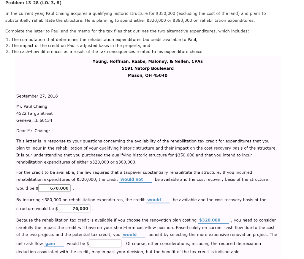 Problem 13-28 (LO. 3, 8) In the current year, Paul Chaing