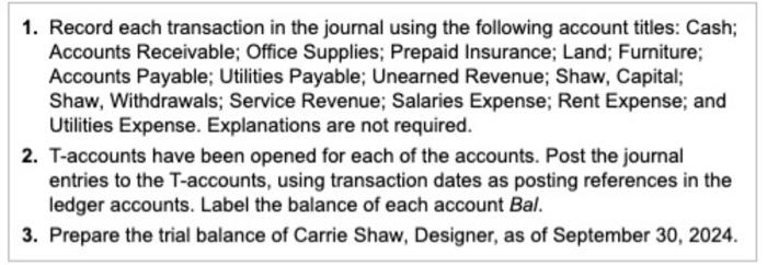 Payable; Utilities Payable; Unearned Revenue; Shaw, Capital; Shaw, Withdrawals; Service Revenue; Salaries