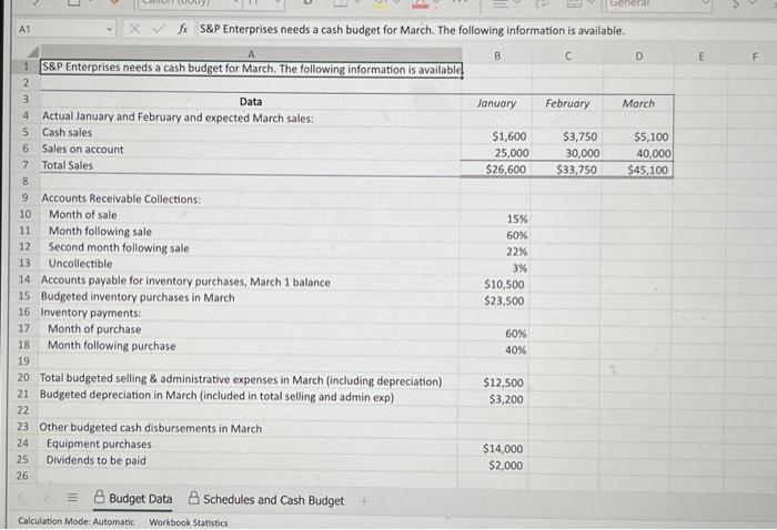 Consider the followingplease answer with formulas ex) =B1+B2 A1 fx S\&P Enterprises
