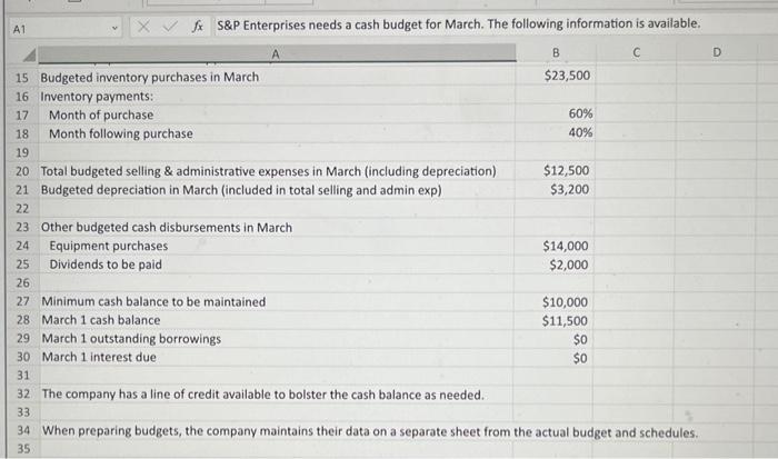 needs a cash budget for March. The following information is available. \begin{tabular}{|c|c|c|c|c|c|c|}