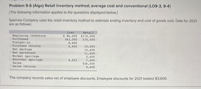  Problem 9.6 (Algo) Retail inventory method; average cost and conventional [