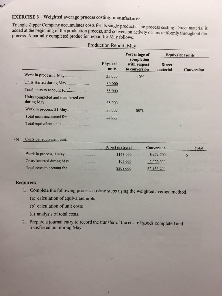 nd EXERCISE 3 Weighted average process costing: manufacturer Triangle Zipper Company