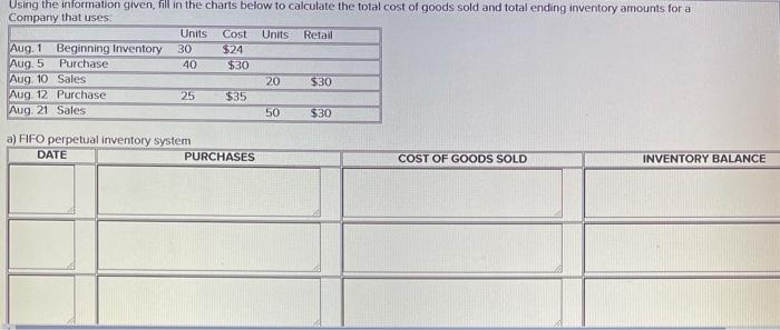  Using the information given, fill in the charts below to calculate